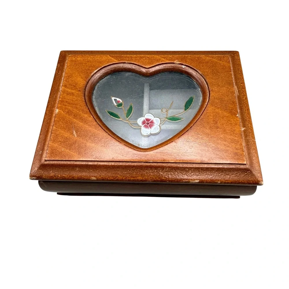 Vintage Wooden Jewelry Box Heart Glass Window Floral Inlay Ring Storage DYWJB103